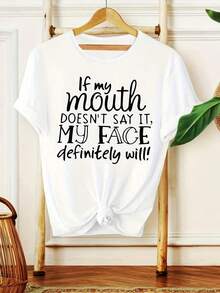 100% Cotton, 1 Piece, Women's Casual T-Shirt - Polyester Knit Fabric - Print "If My Mouth Doesn't Say It, My Face Definitely Will" - Round Neck With Short Sleeves - Regular Fit Summer T-Shirt - For Sports, Outdoor Activities, Work And Parties. - 白色 - 查看 7