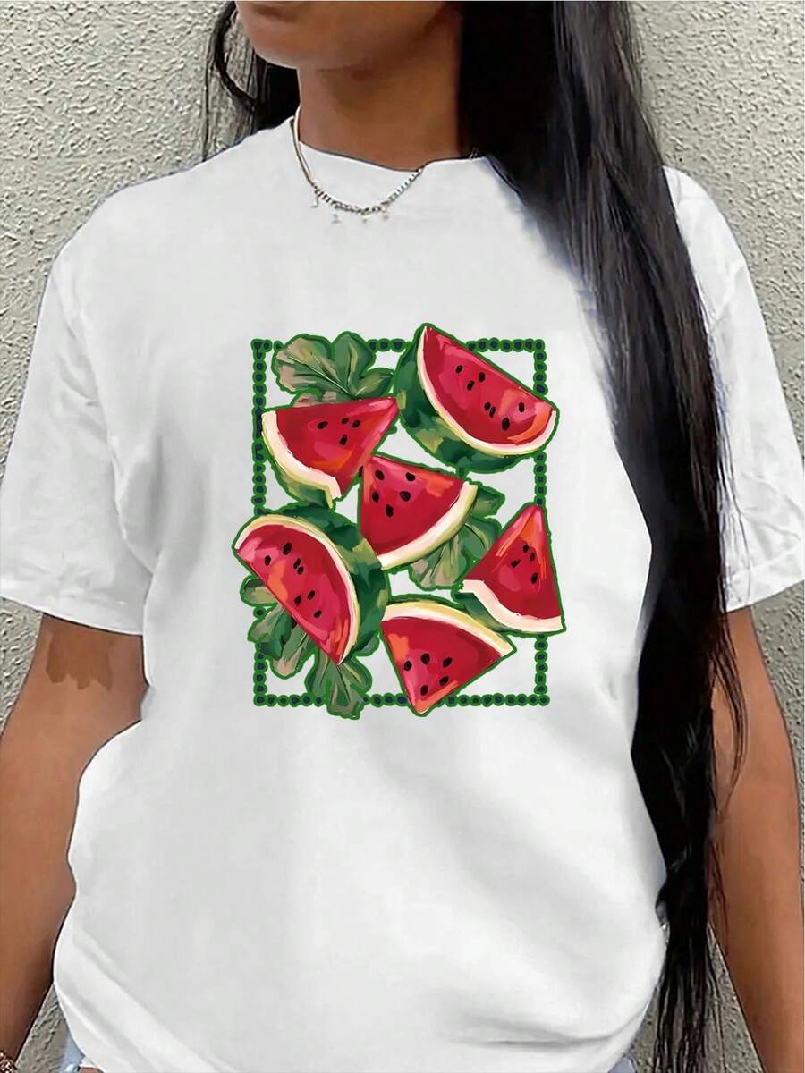 Camiseta de manga corta de poliéster con estampado de sandía, ligera y duradera, adecuada para uso casual en casa o en restaurantes, cómoda y ajustada para el uso diario.women's shirts - Blanco - Ver 1