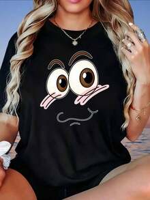 Women's Loose Fit White T-Shirt With Cartoon Face Print, Casual Summer Top, Fashion Graphic Tee, Women's T-Shirt - 黑色 - 查看 5