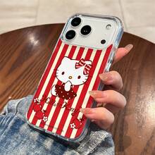 Sanrio Hello Kitty Vintage Red & White Stripes With Apple Motif And Cursive Logo Design Phone Case Suitable For IPhone 17/17 Pro/17 Pro Max/17 Air/16/15/14/13/12/11/X Series Iphone 17 Pro Max Case Iphone 17 Pro Case Iphone 17 Case The Girlfriend,Ideal Gift For Anime Fans - Clear - View 5