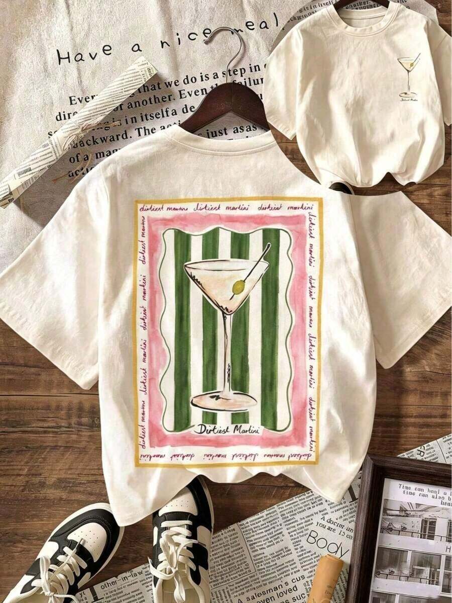 Camiseta Casual de Verano para Mujer Informal de Verano para Mujer con Estampado Sucio Martini Amante Cuello Redondo, Manga Corta, Adecuada para Vacaciones de Verano y Playa, Estilo Vintage Y2K Corte Holgado, Ropa Urbana, Algodón Suave y Transpirable, Conjunto de ropa de Playa de Verano - Albaricoque - Ver 1