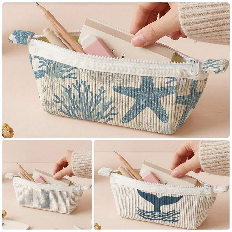 1pc Starfish Coral Ocean Print Corduroy Pencil Case, Large Capacity Storage, Zip Closure Stationery Bag For Students School Office Use - Multicolor - View 1