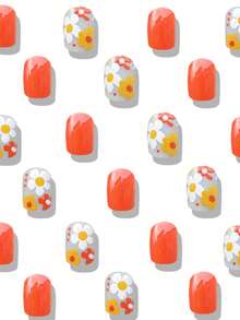 24pcs Cute Square Pressed Artificial Nails, Orange Short Style With Floral Pattern, Acrylic Material Presenting French Manicure Effect, Suitable For Coffin Nail Shape - View 2