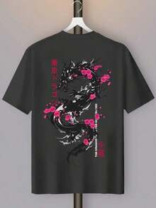 Camiseta Y2k para Hombre con Diseño de Dragón y Escritura Japonesa Estilo Anime - Negro - Ver 2