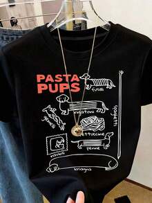 Women's Short-Sleeved T-Shirt With Round Neck, Pasta Dog Print, High Elasticity, Italian Standard Style, Comfortable And Casual, Suitable For Summer, White Color. - 黑色 - 查看 3