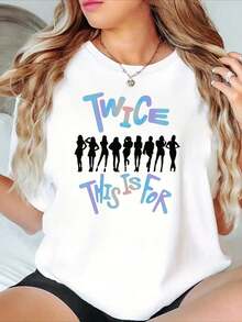 Unisex Short-Sleeved T-Shirt,  Women's Spring And Summer Collection, Featuring A Colorful Text Design And White Silhouette Printed On A Black T-Shirt. Above Is The Gradient "TWICE" Lettering. Men's T-Shirts, , Women's, Romwe Men, Boho Chic, Teacher Gifts, Women's T-Shirt, Curvy Sets For Women, Y2K. - 白色 - 查看 1