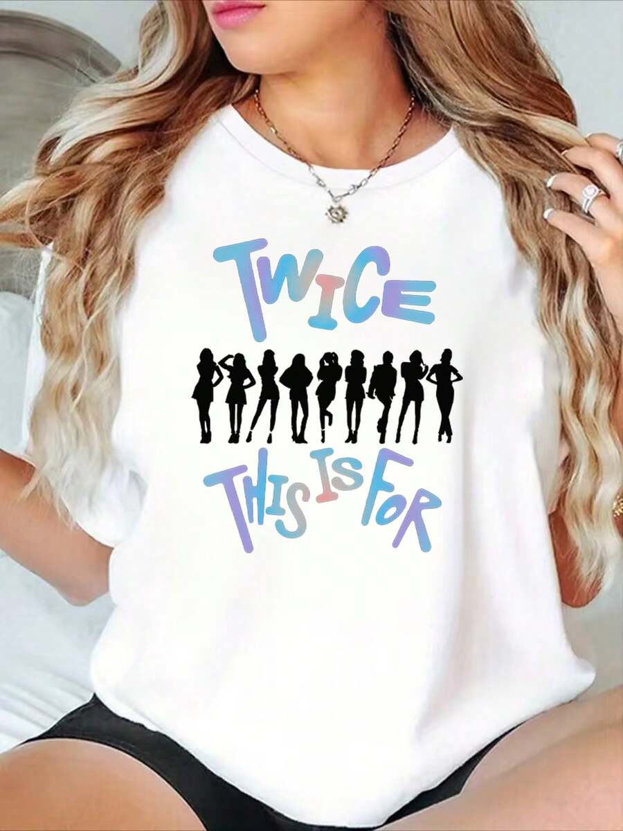 Unisex Short-Sleeved T-Shirt, Women's Spring And Summer Collection, Featuring A Colorful Text Design And White Silhouette Printed On A Black T-Shirt. Above Is The Gradient "TWICE" Lettering. Men's T-Shirts, , Women's, Romwe Men, Boho Chic, Teacher Gifts, Women's T-Shirt, Curvy Sets For Women, Y2K. - 白色 - 查看 1