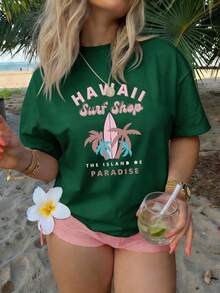 Camiseta de manga corta con cuello redondo para mujer, ideal para vacaciones de verano, 100% lavable a máquina y fácil de cuidar, con estampado casual de letras y diseño tropical de tienda de surf hawaiana, nueva camiseta de verano 2026, adecuada para viajes y uso diario. - Negro - Ver 10