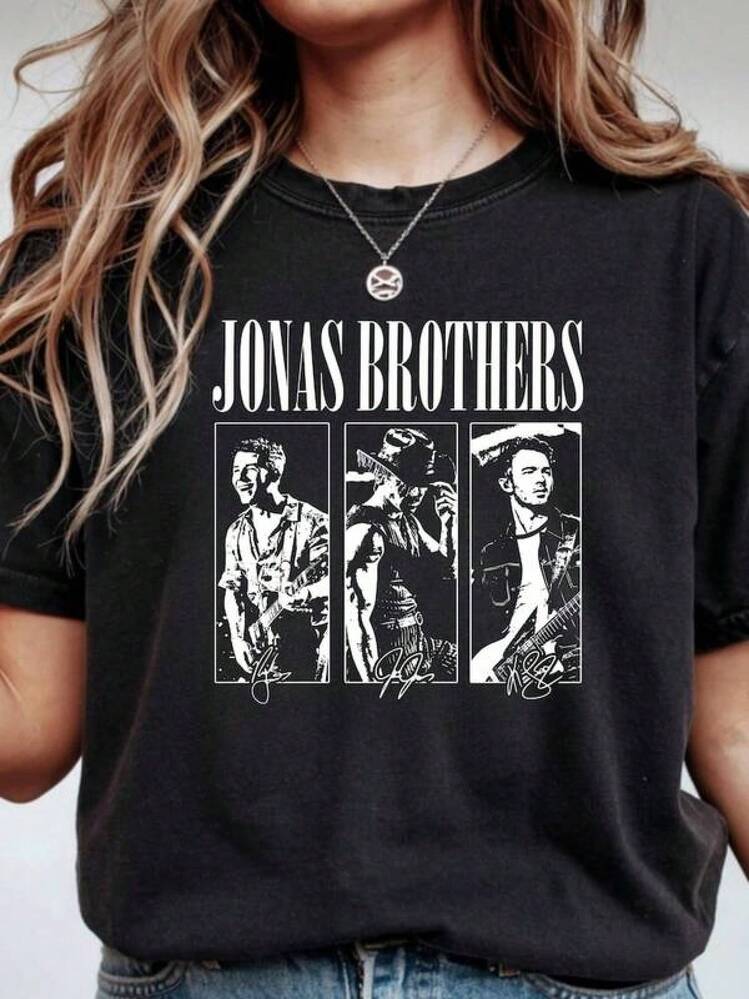 Camiseta de los Jonas Brothers| Camiseta con el logo de la banda, camiseta para fansblusas para mujer playeras de mujer vestidos casuales para mujer y2k playeras deportivas para mujer verano camisetas ropa de mujer Fashion Perfect For Daily - Negro - Añade 6