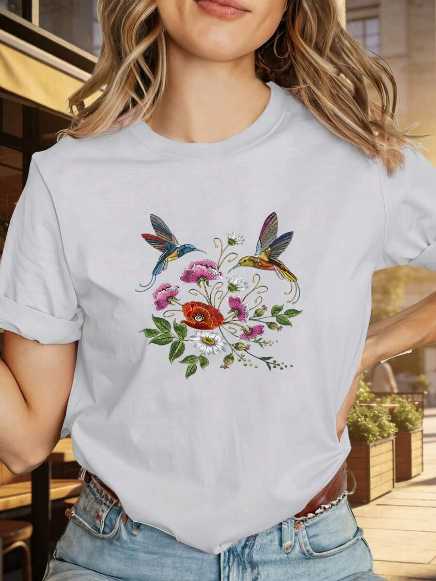 1 camiseta de manga corta con cuello redondo, estampado floral y de aves en negro - Prenda casual y cómoda, adecuada para uso diario, para usar en capas, lavable a máquina - Un elemento esencial del guardarropa tanto para atuendos de oficina como de fin de semana, 100% algodón de 180g. - Blanco - Ver 1