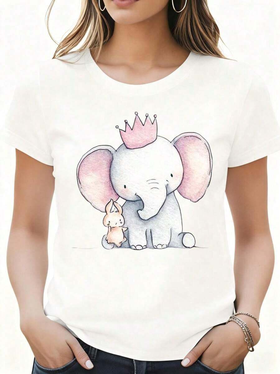 ropa de mujer Camiseta Blanca con Estampado de Elefante y Conejo para Mujer, Ropa Casual para el Hogar, Viajes, Festivales y Fiestas, camisas de mujer - Blanco - Ver 1