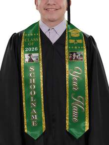 Personalizado Graduación con foto y nombre personalizado, Faja de graduación Clase de 2026 con nombre de la escuela y año de graduación, Faja de graduación de satén negro con borde dorado para graduados universitarios - Multicolor - Ver 10