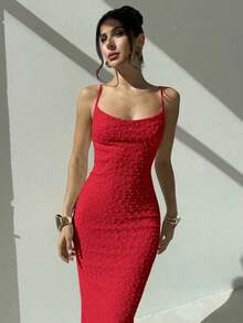 Elegante vestido largo ajustado con escote drapeado de tirantes tipo espagueti, con detalle de pliegues y abertura, de color azul, ideal para citas, bodas, primavera/verano - Rojo - Ver 5