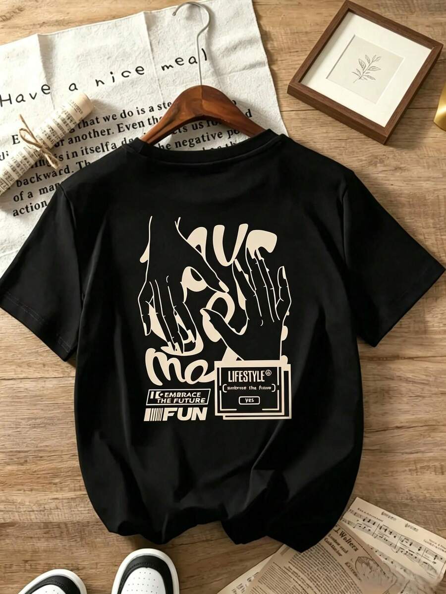 Women's Short-Sleeved T-Shirt With A Round Neck, Graphic Print Of Hands And Text, Urban Casual Style, Suitable For Everyday Wear, Casual Outings, Weekends, And Vacations, Ideal For Spring And Summer. Domestic Shipping Available In Mexico. - 黑色 - 查看 1