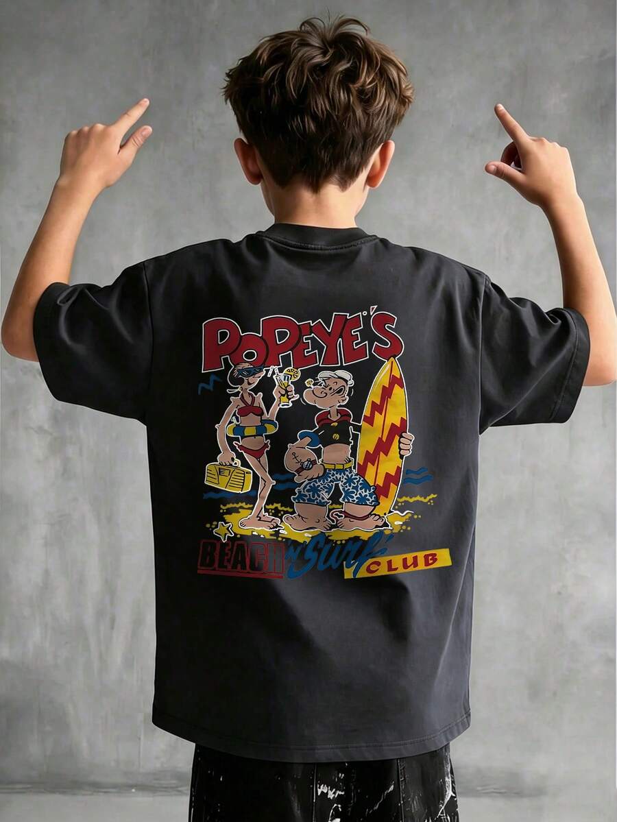 Popeye 【大力水手联名款】男童休闲印花圆领短袖T恤,夏季学生青少年服装 - 一件引人注目的T恤,为每个孩子带来欢乐和幸福! - 黑色 - 查看 1