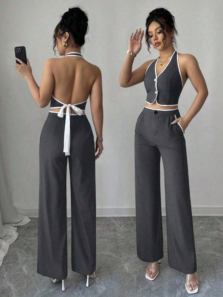 Set de 2 piezas para mujer: Top halter de cuello con recorte de contraste y espalda descubierta, y pantalones con bolsillo - Gris Oscuro - Ver 1