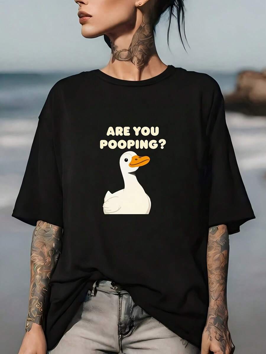 Funny T-Shirt "Are You Pooping, Duck?" - Unisex Lightweight And Soft 180G T-Shirt, Perfect For Family Gatherings, Summer Outings And Festive Gift Idea - 黑色 - 查看 1