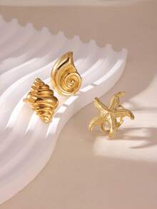 3pcs Minimalist Stainless Steel Ocean Series Rings Set - Seashell, Starfish Adjustable Rings, Suitable For Women's Daily Wear Or Beach Vacation - Multicolor - View 3
