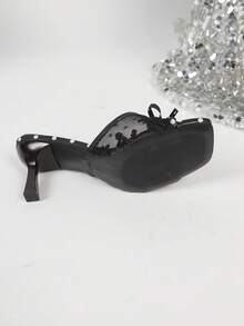 Black & White Open Toe Mesh Breathable High Heel Sandals, Versatile Minimalist Chunky Heel Sandals Suitable For Women In Summer - Black - View 3