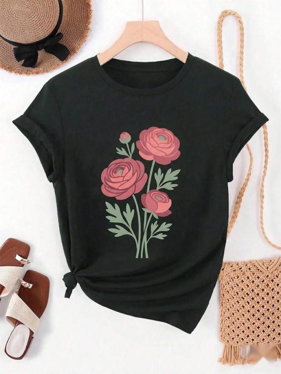 Plus Size Women's Casual Essential One-Piece Summer Wear, Spring Pink Ranunculus Flower Print T-Shirt, Round Neck, Short Sleeve, Casual Fashion Top, Stylish And Elegant Clothing, Loose Fit, Holiday Gift, Fun Design, Daily Wear, Loungewear, Soft Cotton Everyday Wear. - 黑色 - 查看 1