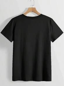 Essential180G Women's Casual Black Ballerina-Style T-Shirt, Created In 2015, With A Pink Bow Print. This Loose-Fitting, Crew-Neck, Short-Sleeved T-Shirt Is Breathable And Perfect For Summer Parties And Everyday Wear. - 黑色 - 查看 3