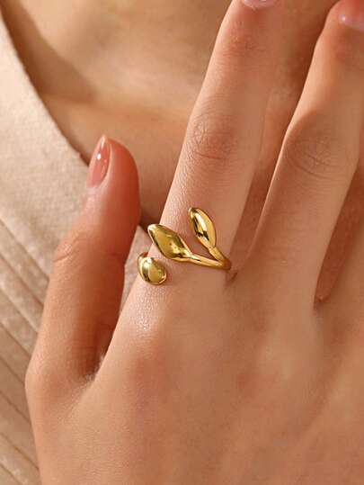 1 pieza Anillo abierto de hoja minimalista chapado en oro de 18K de acero inoxidable, adecuado para uso diario y de fiesta de mujeres