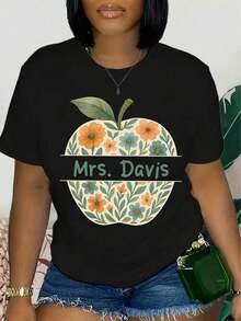 Women's Short-Sleeved T-Shirt, Soft And Breathable, 100% Cotton - Graphic Print With Teacher Theme, Casual Round Neck Top For Back To School Season, Versatile T-Shirt For Educators And Mothers, Teacher T-Shirt. - 黑色 - 查看 6