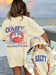 Women's 100% Cotton Graphic Graphic T-Shirt With Double Print "If I'm In A Bad Mood, Please Go Back To The Beach" And "Salty", Casual And Oversized Summer Style | Summer Clothes | Holiday Outfits Pure Cotton T-Shirt 100% Cotton 100% Cotton - 杏色 8 - 查看 7