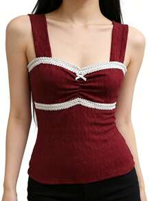 Women's Knit Camisole Elegant Lace Trim Sleeveless Square Neck Slim Fit Ribbed Tank Tops For Party Daily Wear - Red - View 5