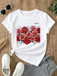 Limited Time Offer, Limited Quantity Available, Flash , Women's Shirts, Women's T-Shirts. Women's Comfortable Loose White T-Shirt, Short Sleeve Round Neck, Red Rose Graffiti Print, Casual T-Shirt For Everyday Wear And Going Out - 白色 - 查看 3