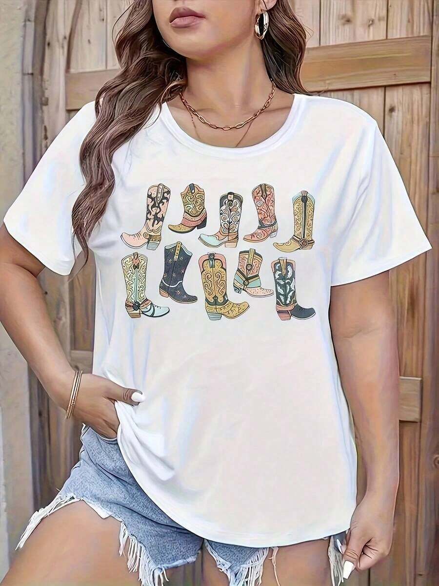 Zapatos Estampados, Camisa Estampada, Camisa Casual Estampada para Mujer, Camiseta de Manga Corta con Cuello Redondo, Ropa de Mujerblusas para mujer>ropa - Blanco - Ver 1