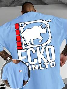 A Short-Sleeved T-Shirt With A "Rhino" Print And A Round Neck, Ideal For Summer. It's A Must-Have For Travel, Dates, Beach Outings, And Vacations, Making It A Perfect Gift For Dad Or A Boyfriend On Special Occasions. - 淺藍色 - 查看 1