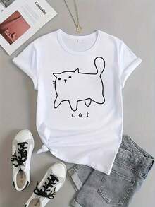 Women's Cat Print T-Shirt, Casual Printed Tee, Round Neck, Short Sleeve, Top, Women's Clothing, Blouses For Women > Clothing - 白色 - 查看 4