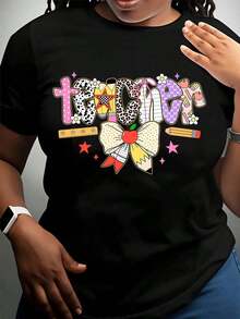 Women's Cotton T-Shirts With Cute Pattern Design For Teachers, Women's T-Shirt With Bow And Apple Print, Educational Themed Gift For Teacher's Day, Thank You To School Teachers, Basic Women's Blouses. - 黑色 - 查看 2