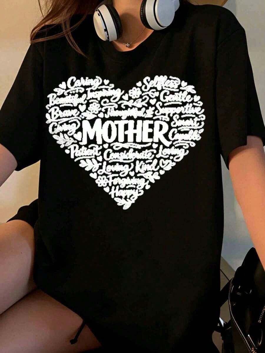 Camiseta con Diseño de Corazón de Madre para Mujer con Palabras Inspiradoras, Regalo de Amor y Cariño para Mamá, Regalo para el Día de la Madre o Cumpleaños [Adecuada para Actividades Casuales y Deportivas] Playera Holgada para Mujer - Negro - Ver 1