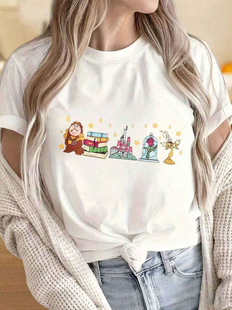 Camisetas De Mujer AlgodóN Camiseta Con Personajes, Camiseta GráFica Inspirada Para Mujer, DiseñO De Dibujos Animados Con Estampado De Bella, La Bestia Y El Castillo, Top De AlgodóN CóModo - Blanco - Ver 1