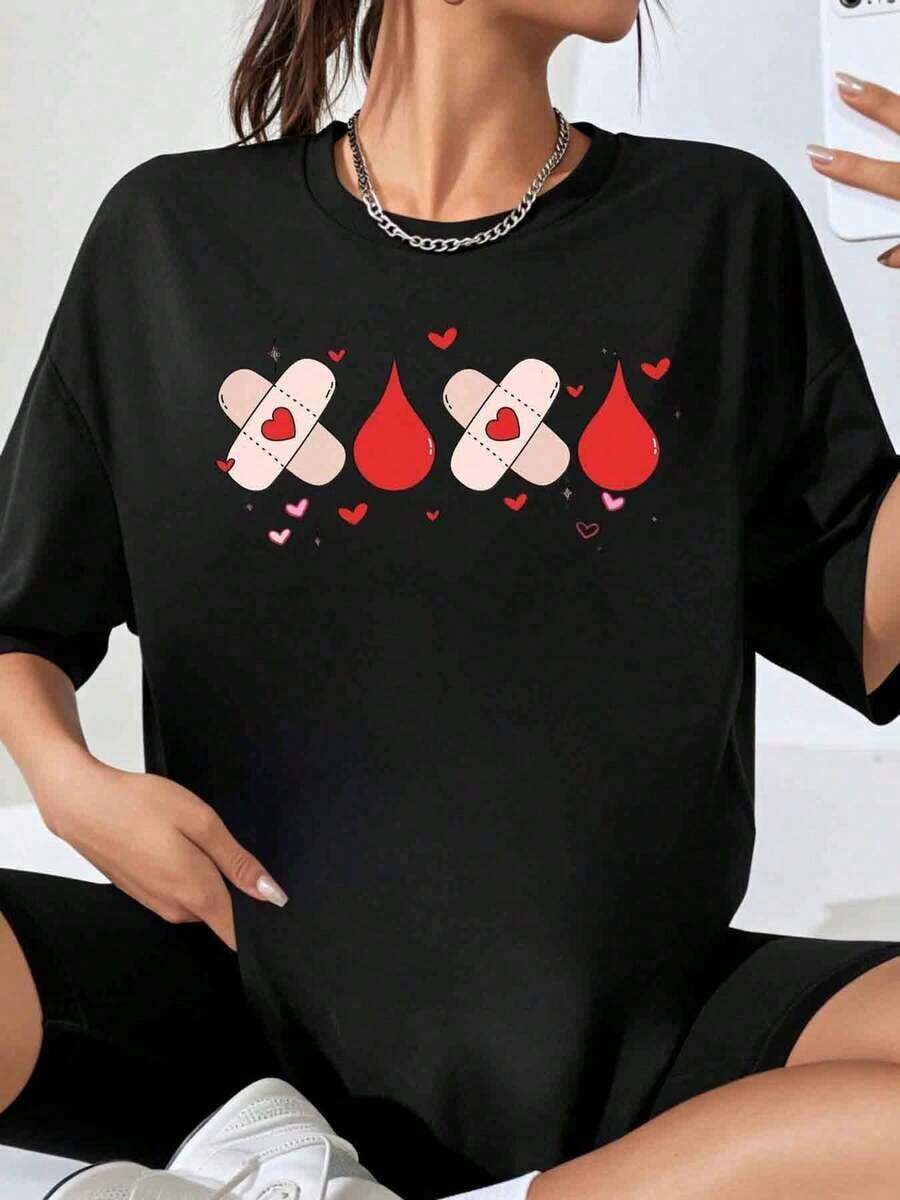 Women's Oversized T-Shirt With Bandage And Blood Drop Heart Design, Loose Fit Casual Top, Perfect For Valentine's Day And Everyday Wear - 黑色 - 查看 1
