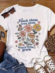 Plus Size Minimalist Modern T-Shirt With Floral And Letter Print, Casual Short Sleeve Top For Spring And Summer, Women's Clothing, Casual For Everyday Wear - 白色 - 查看 7