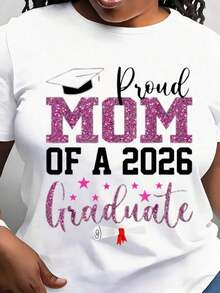 Women's T-Shirt With Graduation Cap And Diploma Design For Proud Mom Of Class Of 2026 Graduate, Bright Pink, For Mother Of A Graduate Celebration, Fashionable Summer Cotton T-Shirt - 白色 - 查看 1