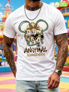 Made From 100% Cotton, This Disney Animal Kingdom Themed T-Shirt Features A Printed Design. The Front Is Framed By Mickey Mouse Ears, With Images Of Mickey, Minnie, Donald Duck, And Other Characters In Adventure Outfits Printed Inside, Complemented By The Leopard-Print "ANIMAL KINGDOM" Lettering, Creating A Playful And Adventurous Atmosphere. The Fitted Silhouette Is Neat And Stylish, While The Fabric Is Skin-Friendly, Breathable, And Sweat-Free. Suitable For Various Occasions Including Casual Wear, Theme Park Visits, And Street Style, This High-Quality, Versatile Shirt Is Perfect For Couples To Wear And Create A Striking Look. - trắng - Xem 1