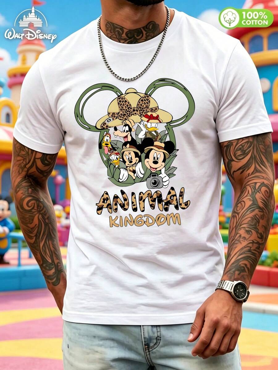 Made From 100% Cotton, This Disney Animal Kingdom Themed T-Shirt Features A Printed Design. The Front Is Framed By Mickey Mouse Ears, With Images Of Mickey, Minnie, Donald Duck, And Other Characters In Adventure Outfits Printed Inside, Complemented By The Leopard-Print "ANIMAL KINGDOM" Lettering, Creating A Playful And Adventurous Atmosphere. The Fitted Silhouette Is Neat And Stylish, While The Fabric Is Skin-Friendly, Breathable, And Sweat-Free. Suitable For Various Occasions Including Casual Wear, Theme Park Visits, And Street Style, This High-Quality, Versatile Shirt Is Perfect For Couples To Wear And Create A Striking Look. - trắng - Xem 1