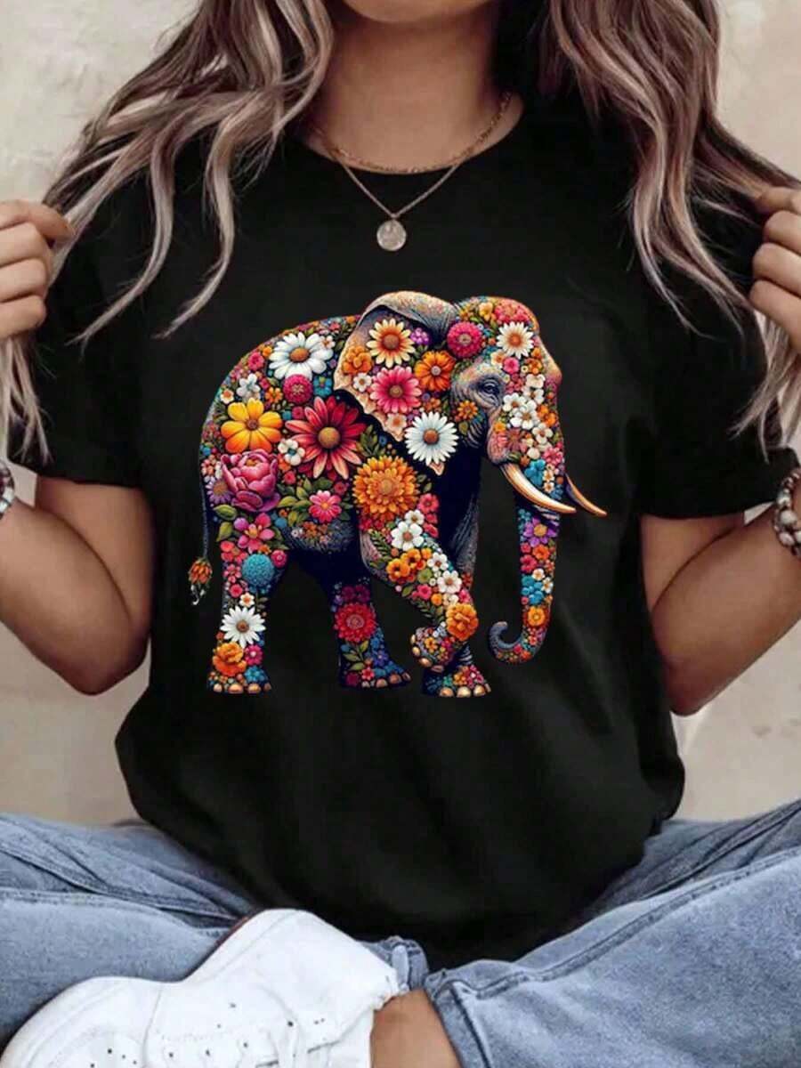 Women's T-Shirt With Elephant Floral Print, Boho Style, Casual Summer Top, Gift For Her, Artistic Animal Design, Fashion T-Shirt, 220g - Urban Vintage Style, Unisex, Loose Fit, Cotton, Short Sleeve, Round Neck, 100% Pure Cotton - 黑色 - 查看 1