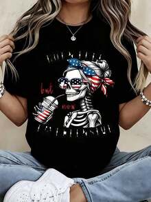 Women's Fashion T-Shirt With Skull And American Flag Print, With The Phrase "I Was Born Free But Now I'm Expensive", Graphic T-Shirt For Casual Wear And Patriotic Events, Cool Summer Clothes For Women - 黑色 - 查看 1