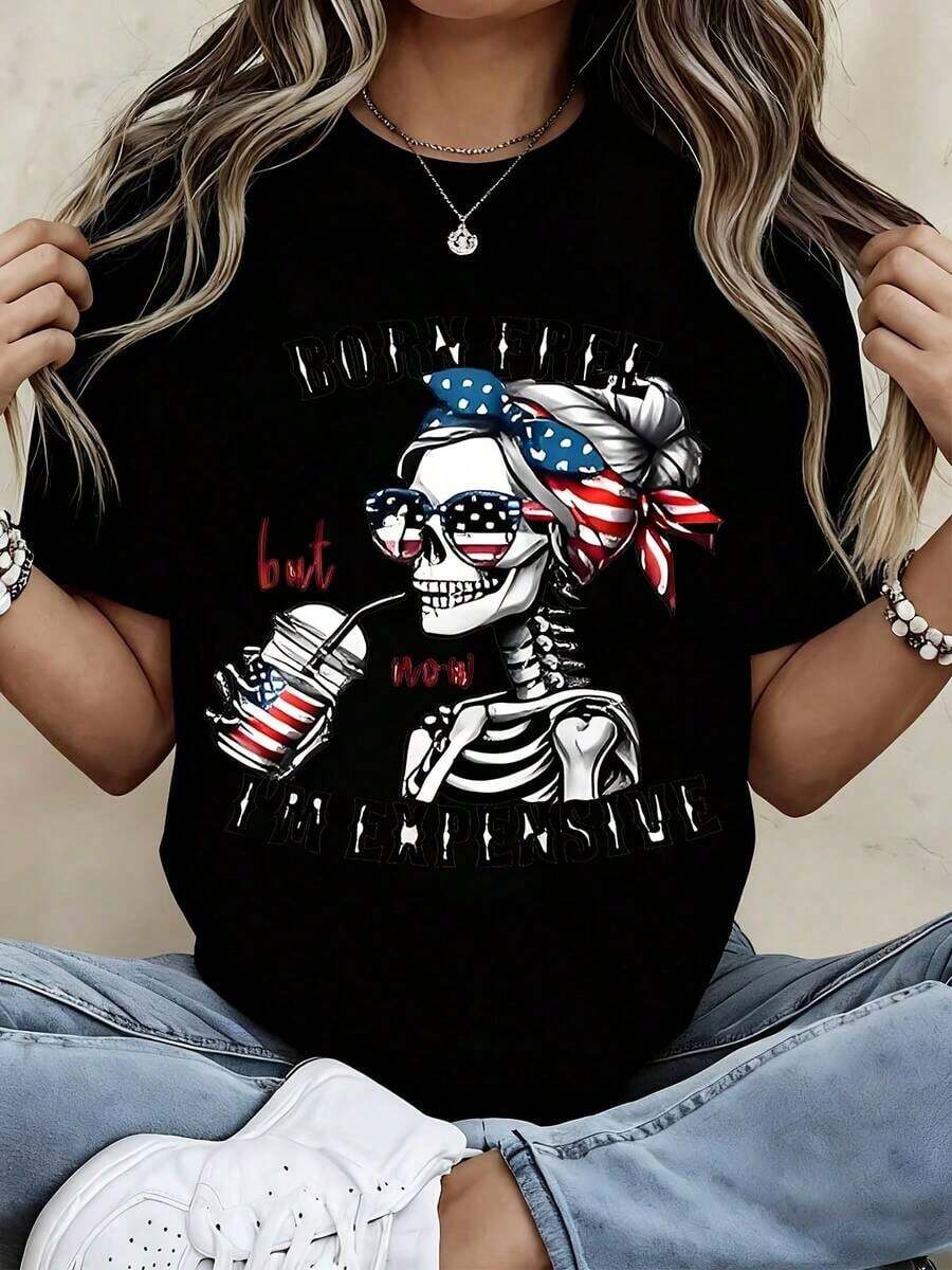 Women's Fashion T-Shirt With Skull And American Flag Print, With The Phrase "I Was Born Free But Now I'm Expensive", Graphic T-Shirt For Casual Wear And Patriotic Events, Cool Summer Clothes For Women - 黑色 - 查看 1