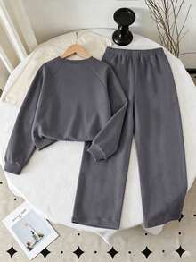 Young Girl Letter Print Crew Neck Sweatshirt And Bow Decoration Long Pants - Dark Grey - View 2