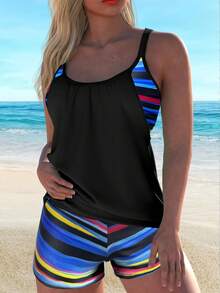 New Printed Tankini With Shorts, Conservative Two-Piece Bikini For Women - JY959BK - 查看 12