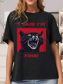 1pc Camisetas Para Mujer Camiseta gráfica divertida Gato negro Estilo urbano Original Diseño llamativo Mensaje humorístico Casual Ocio Diario Para amantes de los gatos Talla M L XL Colores variados Ropa de moda  2023 Camiseta De Manga Corta De Algodón - Negro - Ver 1