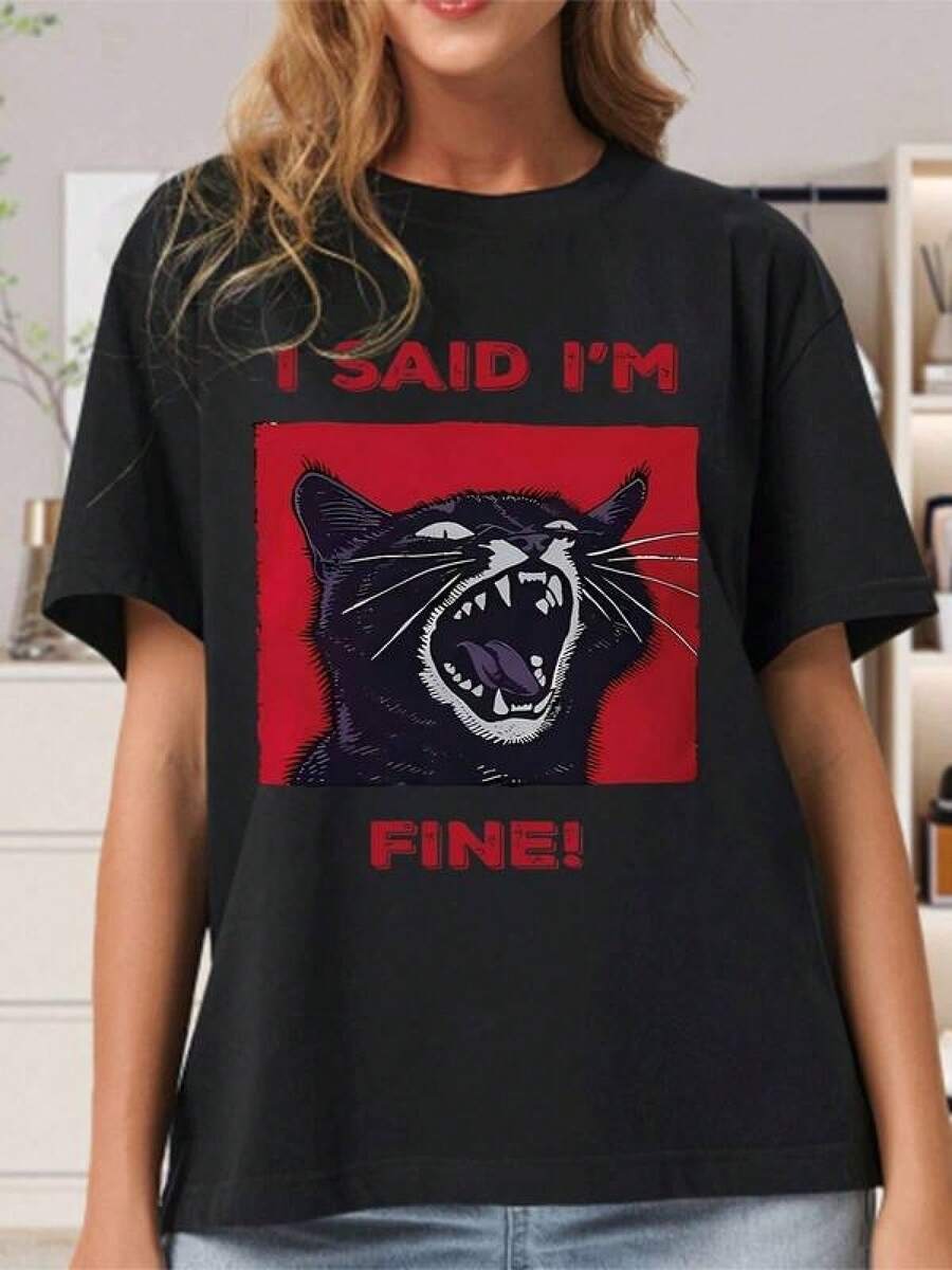 1pc Camisetas Para Mujer Camiseta gráfica divertida Gato negro Estilo urbano Original Diseño llamativo Mensaje humorístico Casual Ocio Diario Para amantes de los gatos Talla M L XL Colores variados Ropa de moda  2023 Camiseta De Manga Corta De Algodón - Negro - Ver 1
