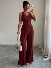 LUNNELUX Women Fall Burgundy 2 Pieces Outfits, V Neck Sleeveless Button Vest & High Waist Wide Leg Pants Set, Christmas Party Outfit - Burgundy - View 2
