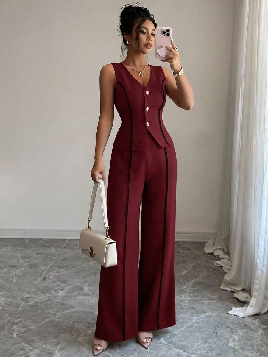 LUNNELUX Women Fall Burgundy 2 Pieces Outfits, V Neck Sleeveless Button Vest & High Waist Wide Leg Pants Set, Christmas Party Outfit